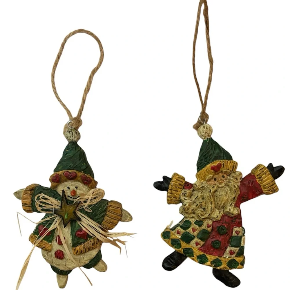 Whimsical Christmas Ornaments Hand Crafted Vintage Snowman Santa 2 Pc Set Red